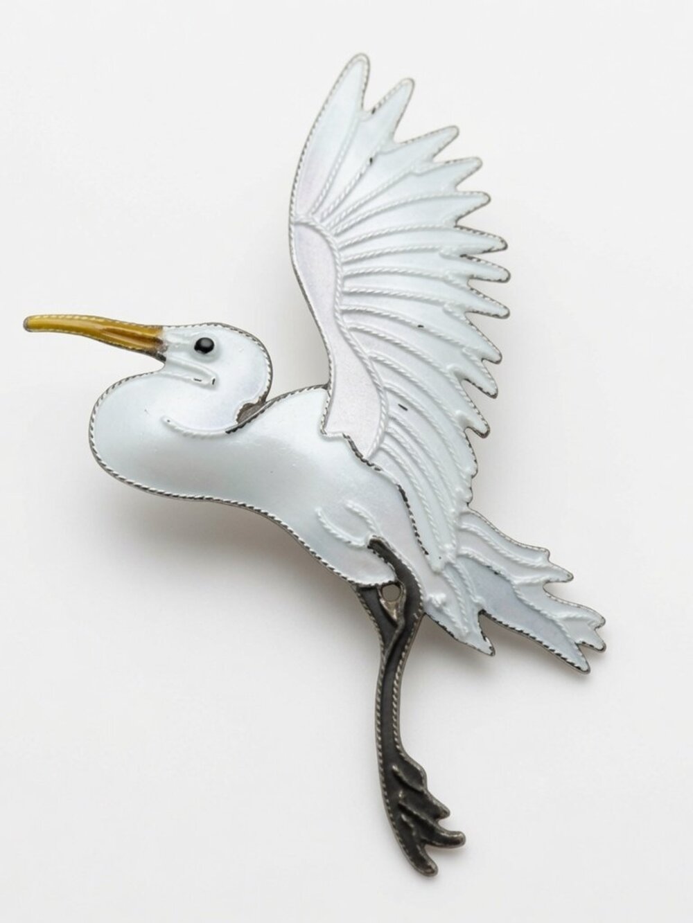 Vintage, Guilloche, Sterling Silver White Heron Or Stork Bird Brooch
